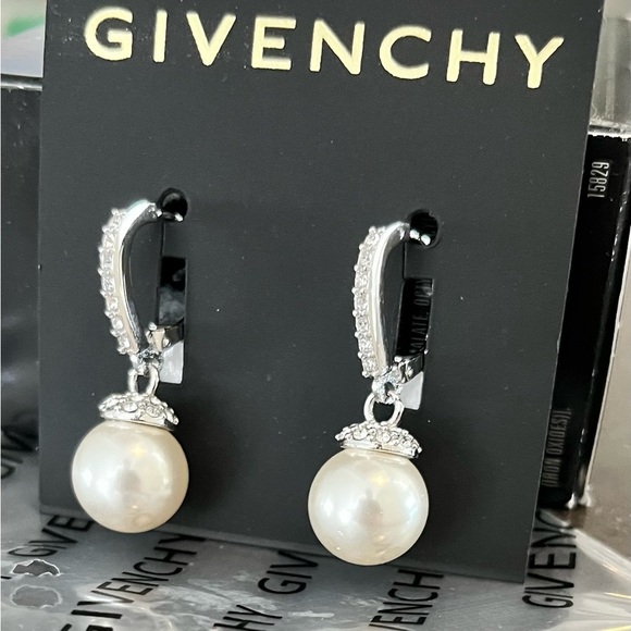 GIVENCHY Pearl Drop Silver Earrings with Rhinestones NWT - Picture 4 of 4